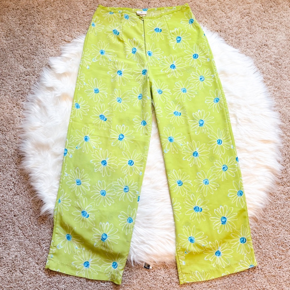 Vintage Day2Day High Waist Straight Leg Lime Green Blue Floral Print Pants